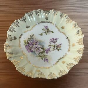 Vtg Scalloped Edged Salad Plate 7-1/2” Porcelain Purple Floral W/Yellow Border